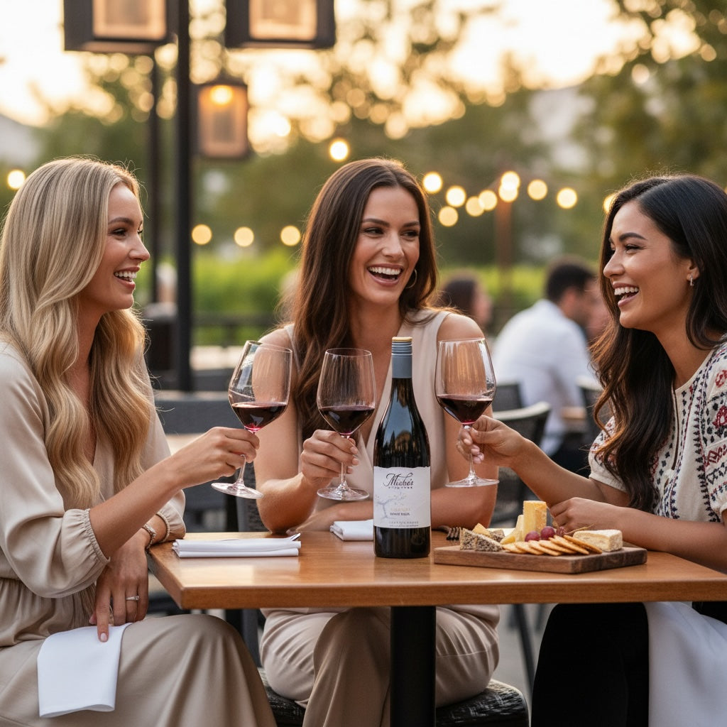 Load image into Gallery viewer, Three women enjoying Mishas_Vineyard_The_High_Note_Pinot_Noir wine and snacks at an outdoor table with blurred lights in the background