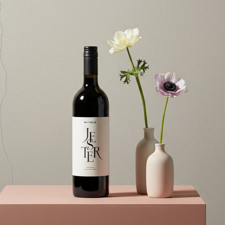 A bottle of Mitolo-Jester-Shiraz-lifestyle wine with two small vases containing flowers on a pink platform against a beige background.