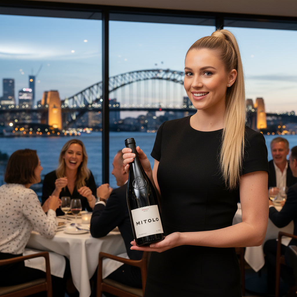 Woman holding a bottle of Mitolo-Savitar-Shiraz wine with a cityscape and bridge in the background