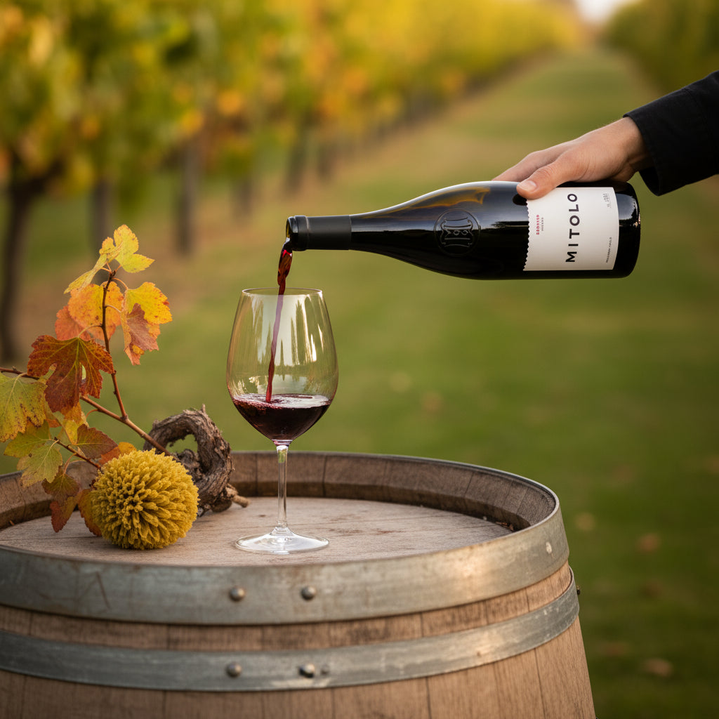 Person pouring red wine from a Mitolo-Savitar-Shiraz wine bottle into a glass on a wooden barrel with a vineyard background.