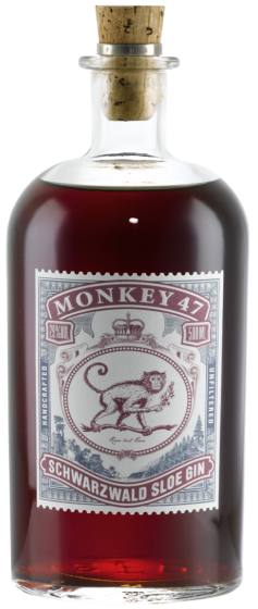 Bottle of Monkey 47 Schwarzwald Sloe Gin with a cork lid on a white background