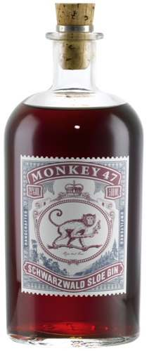 Bottle of Monkey 47 Schwarzwald Sloe Gin with a cork lid on a white background