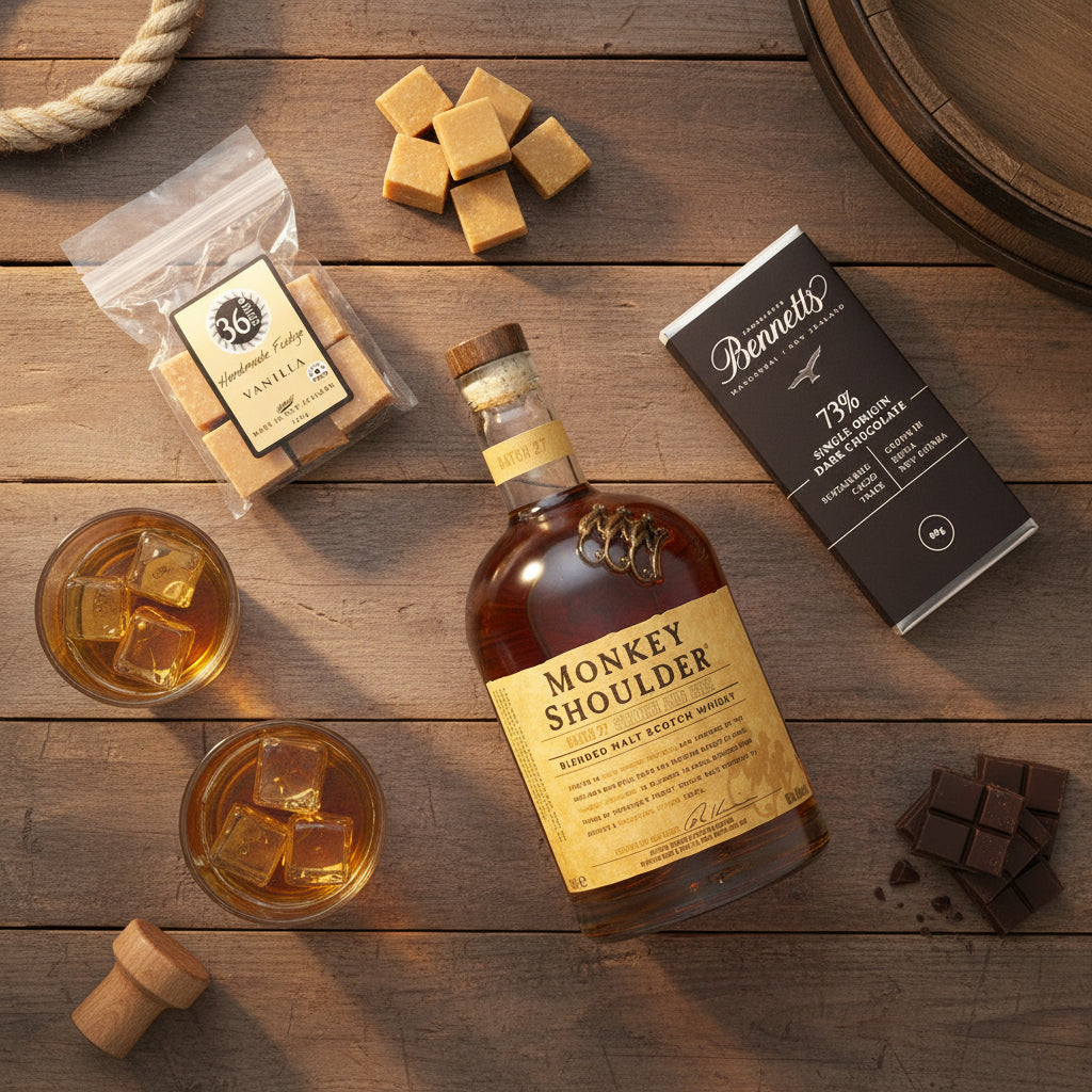 Load image into Gallery viewer, Bottle of Monkey Shoulder whiskey with a glass, chocolate, and other items on a wooden surface