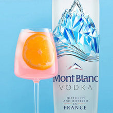 Load image into Gallery viewer, Mont Blanc Vodka bottle with a pink cocktail and orange slice on a blue background