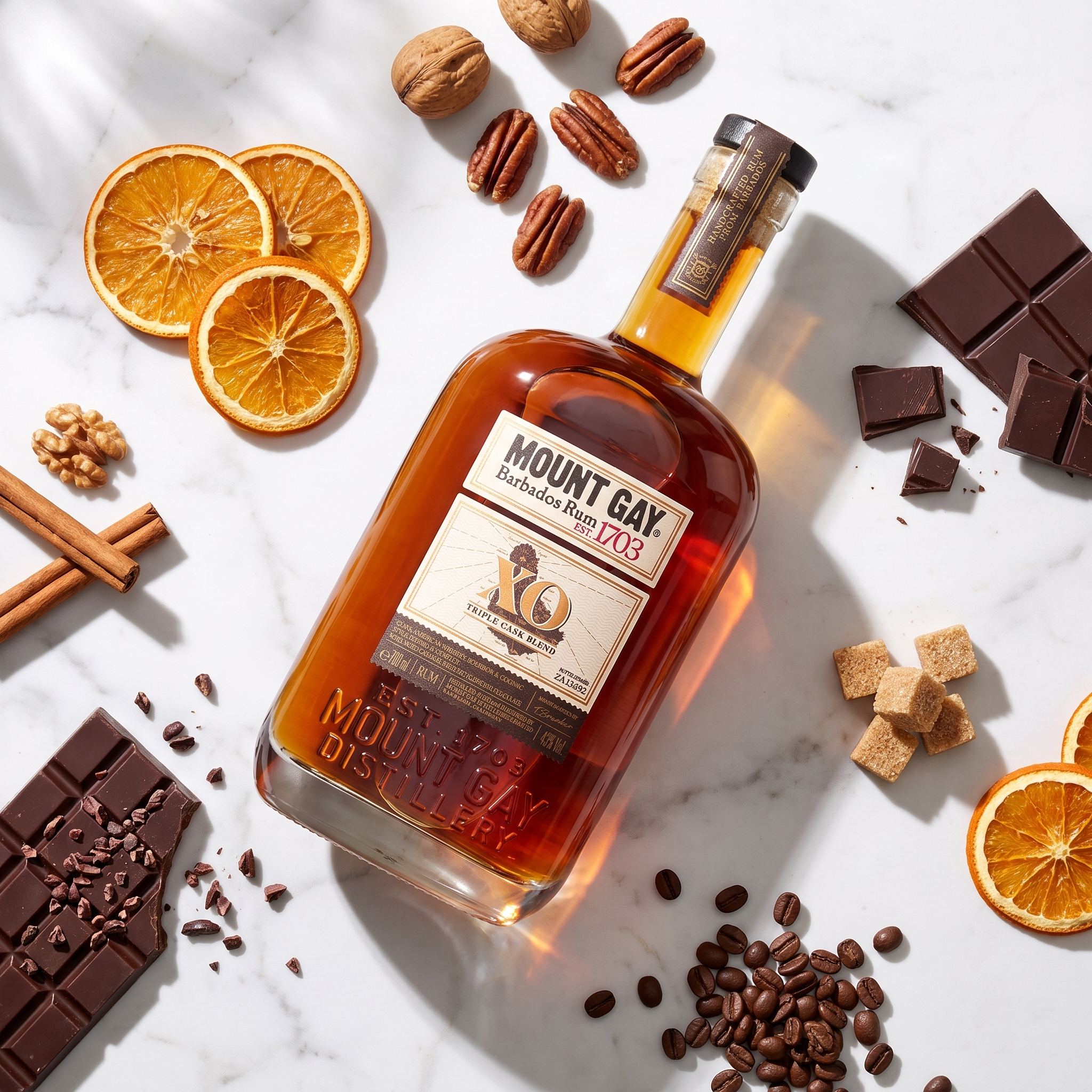 Load image into Gallery viewer, A bottle of Mount Gay XO rum is arranged on a white marble surface with styled ingredients including dried orange slices, chocolate pieces, pecans, cinnamon sticks, brown sugar cubes, and coffee beans.
