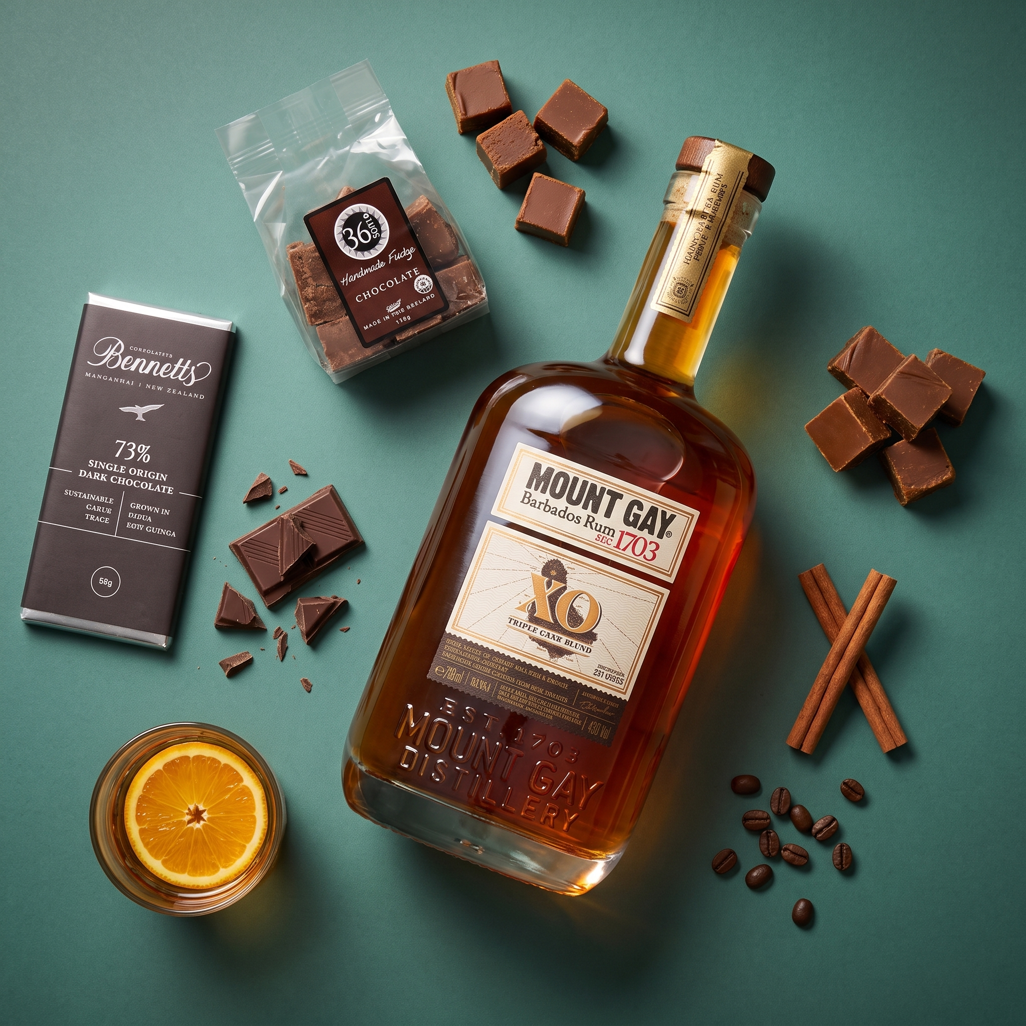 Load image into Gallery viewer, A bottle of Mount Gay XO rum arranged on a teal background with chocolate pieces, a chocolate bar, cinnamon sticks, coffee beans, and an orange slice around it.