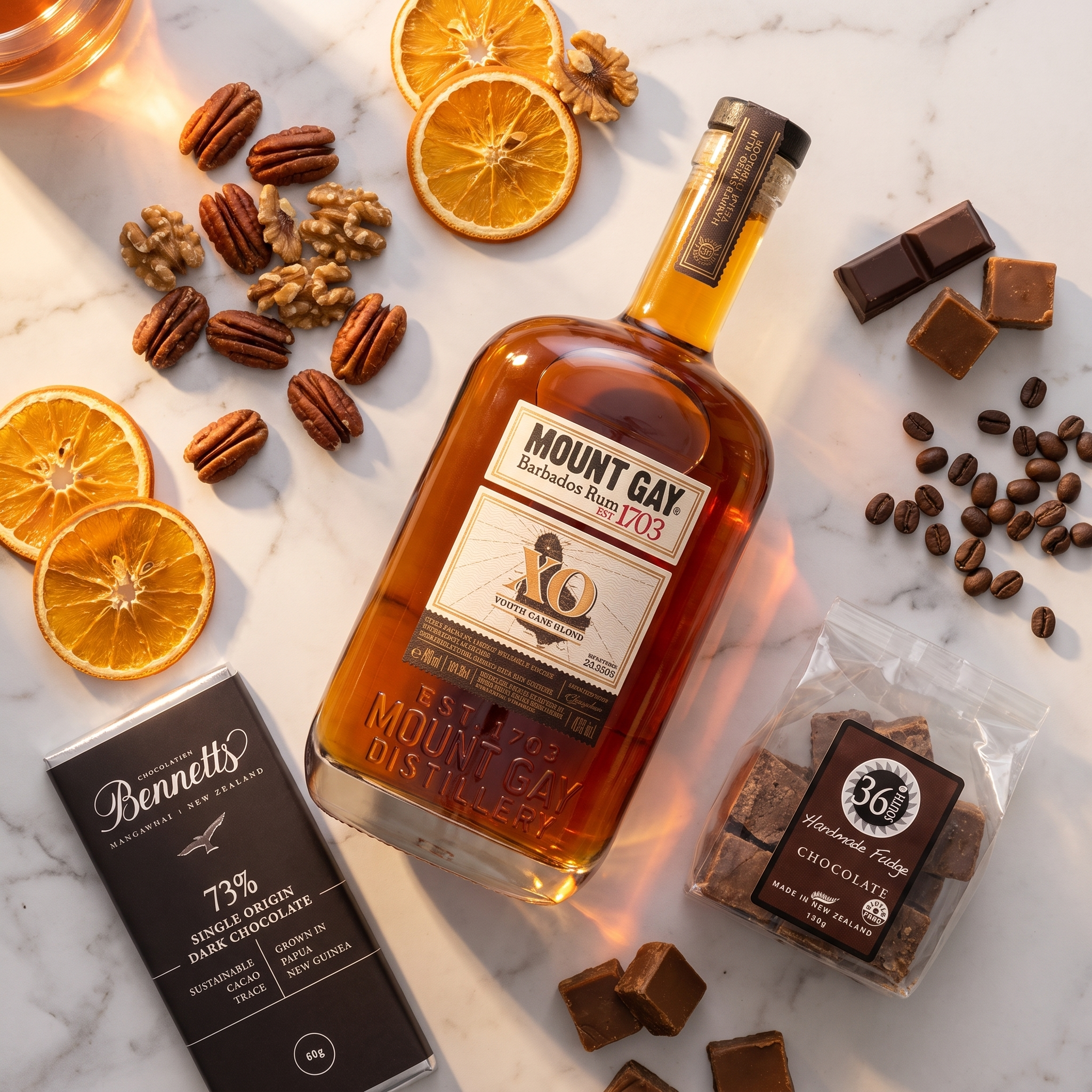 Load image into Gallery viewer, A bottle of Mount Gay XO rum is arranged on a white marble surface with orange slices, pecans, chocolate pieces, coffee beans, and a box of Bennett's 73% dark chocolate. The Mount Gay bottle is the central product, with styled food and drink props around it.