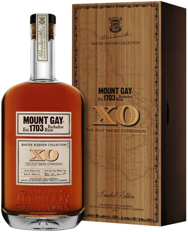 An image of a bottle of Mount Gay XO Peat Smoke Expression Limited Edition Dark Rum, 700ml next to its handsome wooden gift box