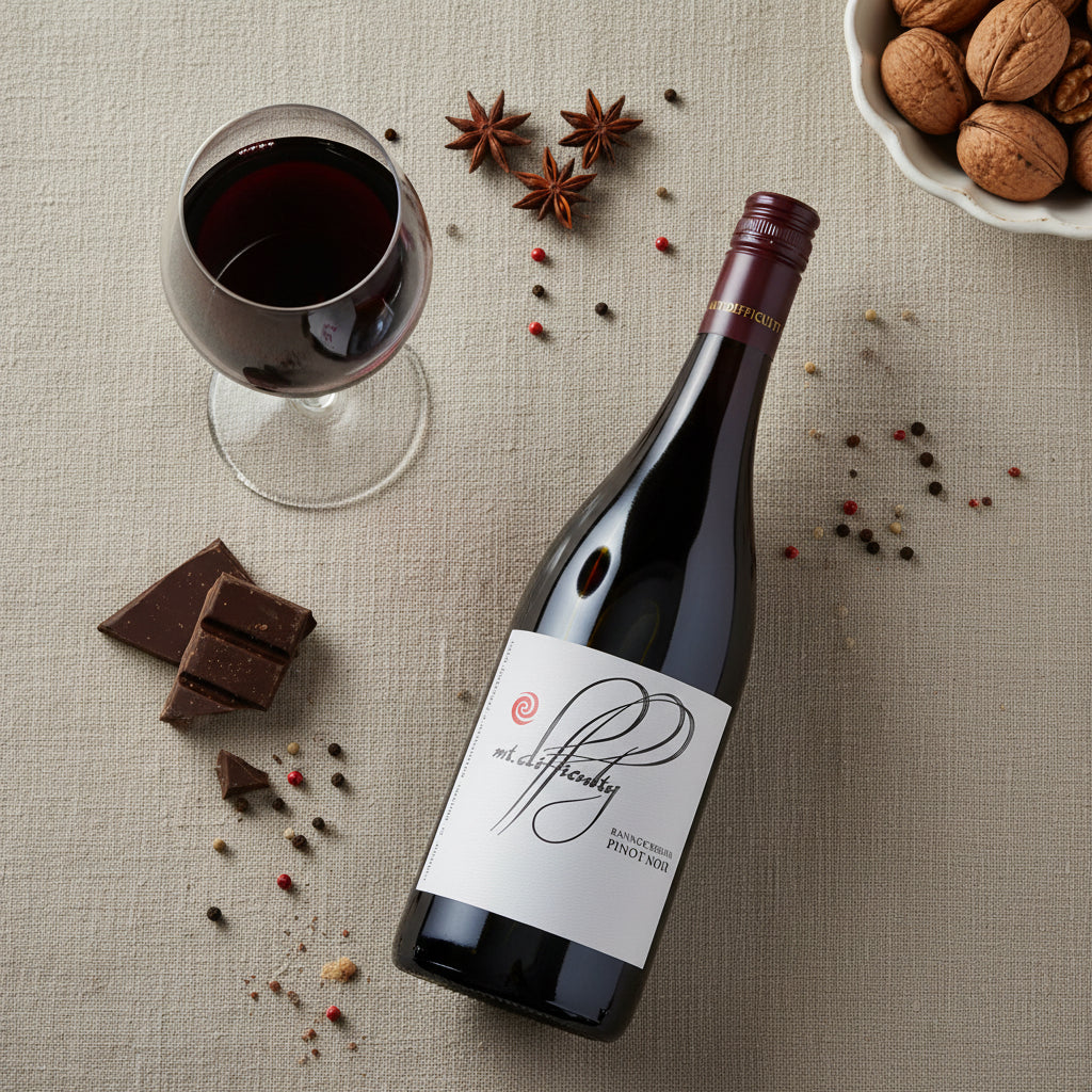 Load image into Gallery viewer, A bottle of Mt Difficulty Bannockburn Pinot Noir red wine with a white label lies on a textured beige fabric surface, styled with a glass of red wine, chocolate pieces, star anise, peppercorns, and walnuts.