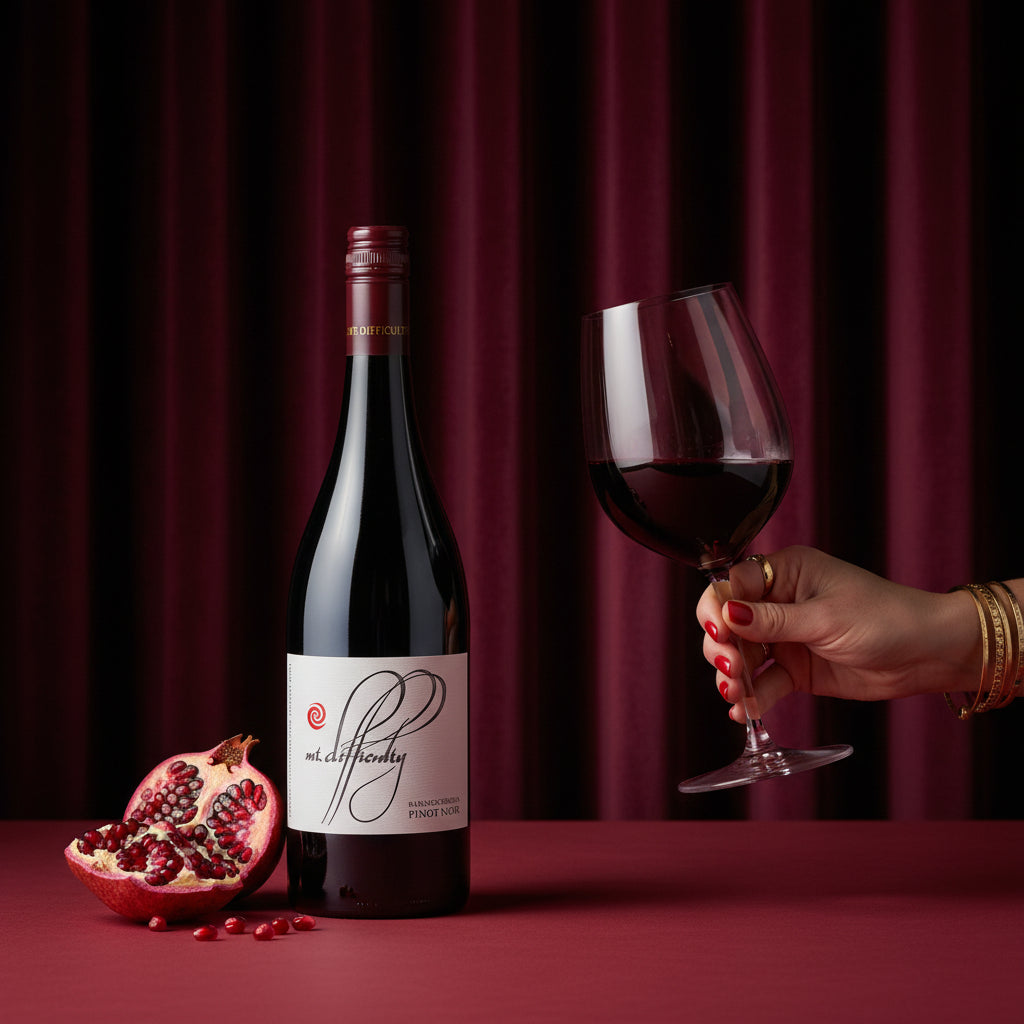 Load image into Gallery viewer, A bottle of Mt Difficulty Bannockburn Pinot Noir red wine stands on a dark red surface with a half-pomegranate beside it, while a hand holds a filled wine glass against a dark red curtain background.