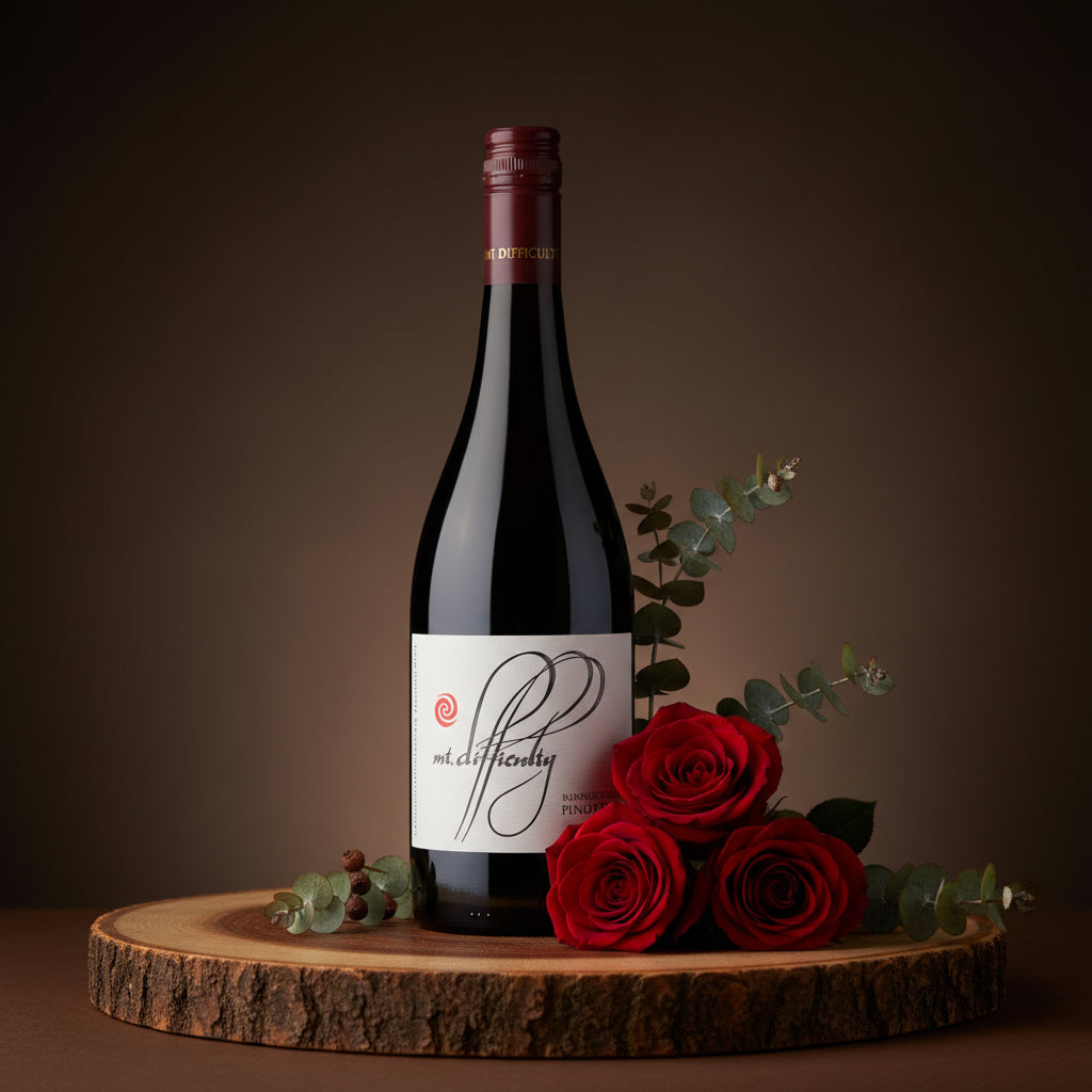 Load image into Gallery viewer, A bottle of Mt Difficulty Bannockburn Pinot Noir red wine styled on a rustic wood slice with three red roses and eucalyptus branches against a dark brown background.