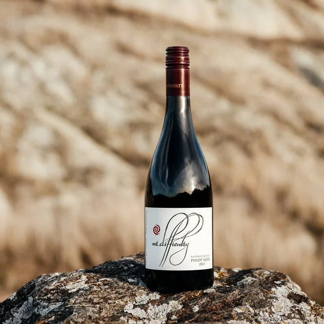 Load image into Gallery viewer, A bottle of Mt Difficulty Bannockburn Pinot Noir red wine standing upright on a textured rock with a blurred natural rocky background.
