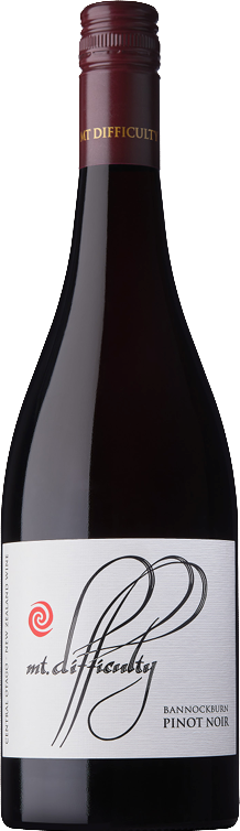 A bottle of Mt. Difficulty Bannockburn Pinot Noir red wine with a dark glass body, a dark red neck capsule, and a white label featuring the brand name 'Mt. Difficulty' in black script with a small red spiral logo.