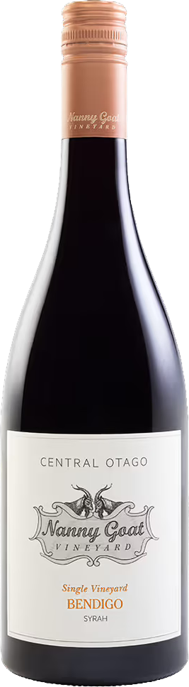 Bottle of Nanny Goat Bendigo Syrah red wine with a white label on a white background