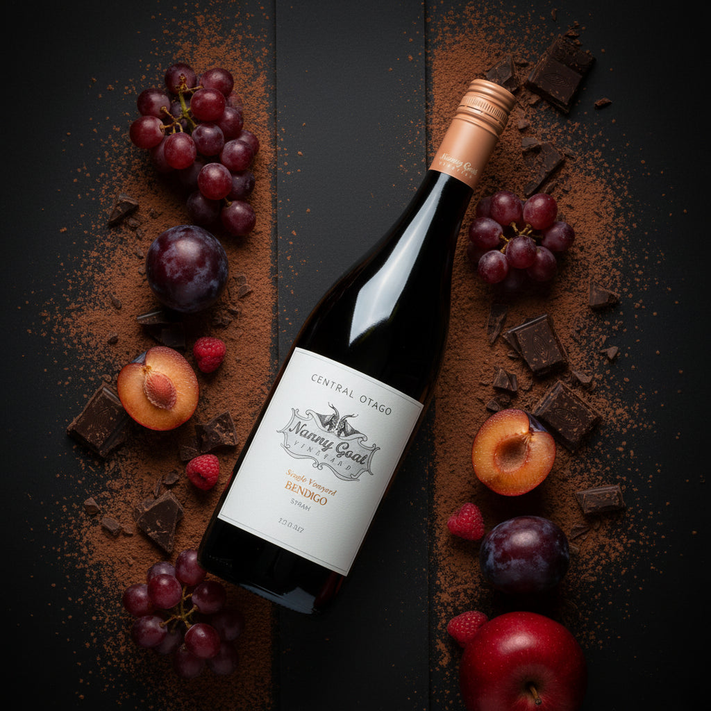 Load image into Gallery viewer, Nanny Goat Bendigo Syrah red wine bottle with grapes, chocolate, and apples on a dark surface