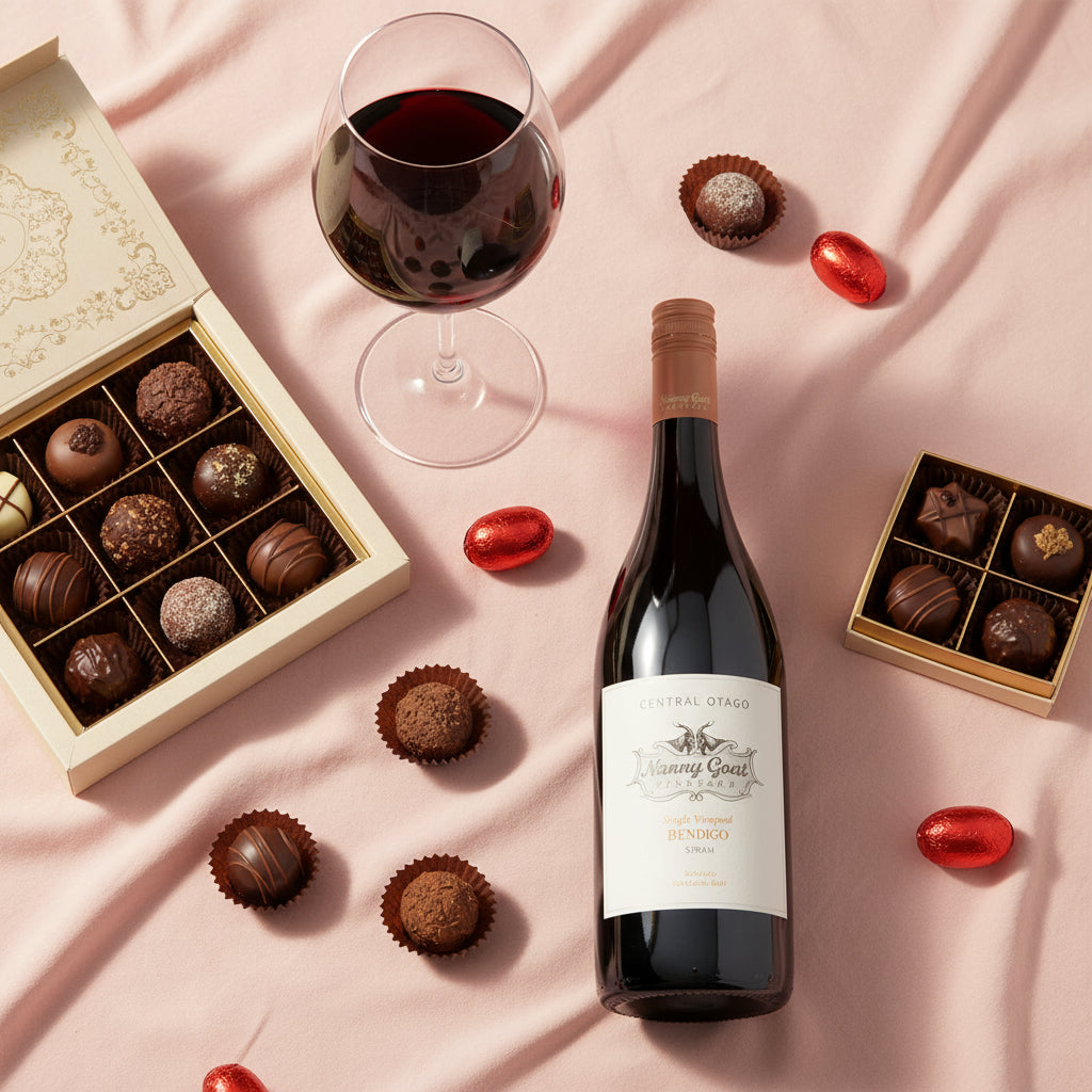 Load image into Gallery viewer, Nanny Goat Bendigo Syrah red wine bottle, glass of red wine, and chocolate truffles on a pink fabric background