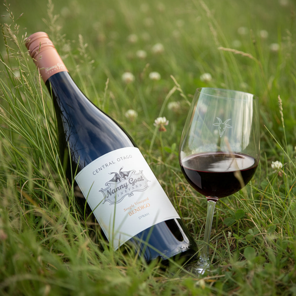 Load image into Gallery viewer, Nanny Goat Bendigo Syrah red wine bottle and red wine glass on grass