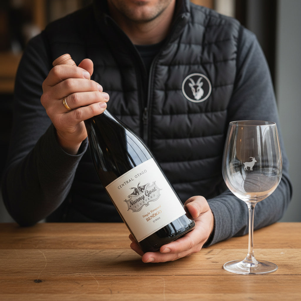 Load image into Gallery viewer, A man holding a bottle of Nanny Goat Bendigo Syrah red wine with a wine glass on a wooden table