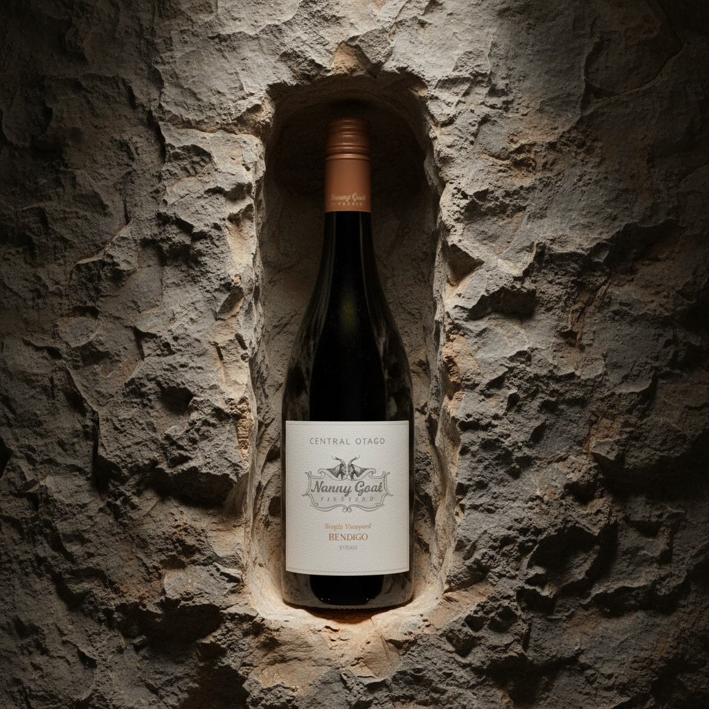 Load image into Gallery viewer, A bottle of Nanny Goat Bendigo Syrah red wine in a shelf carved in rock