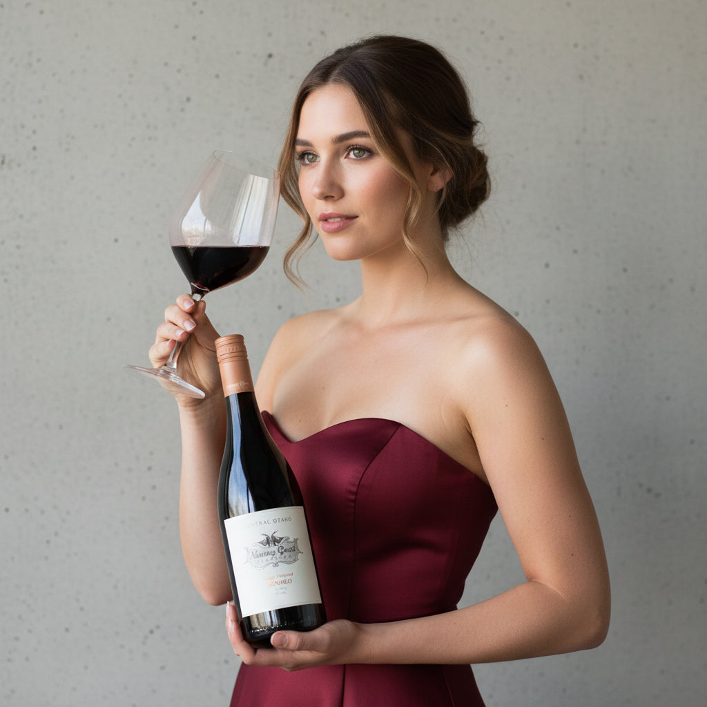 Load image into Gallery viewer, Woman in a burgundy dress holding a Nanny Goat Bendigo Syrah red wine bottle and glass against a grey background