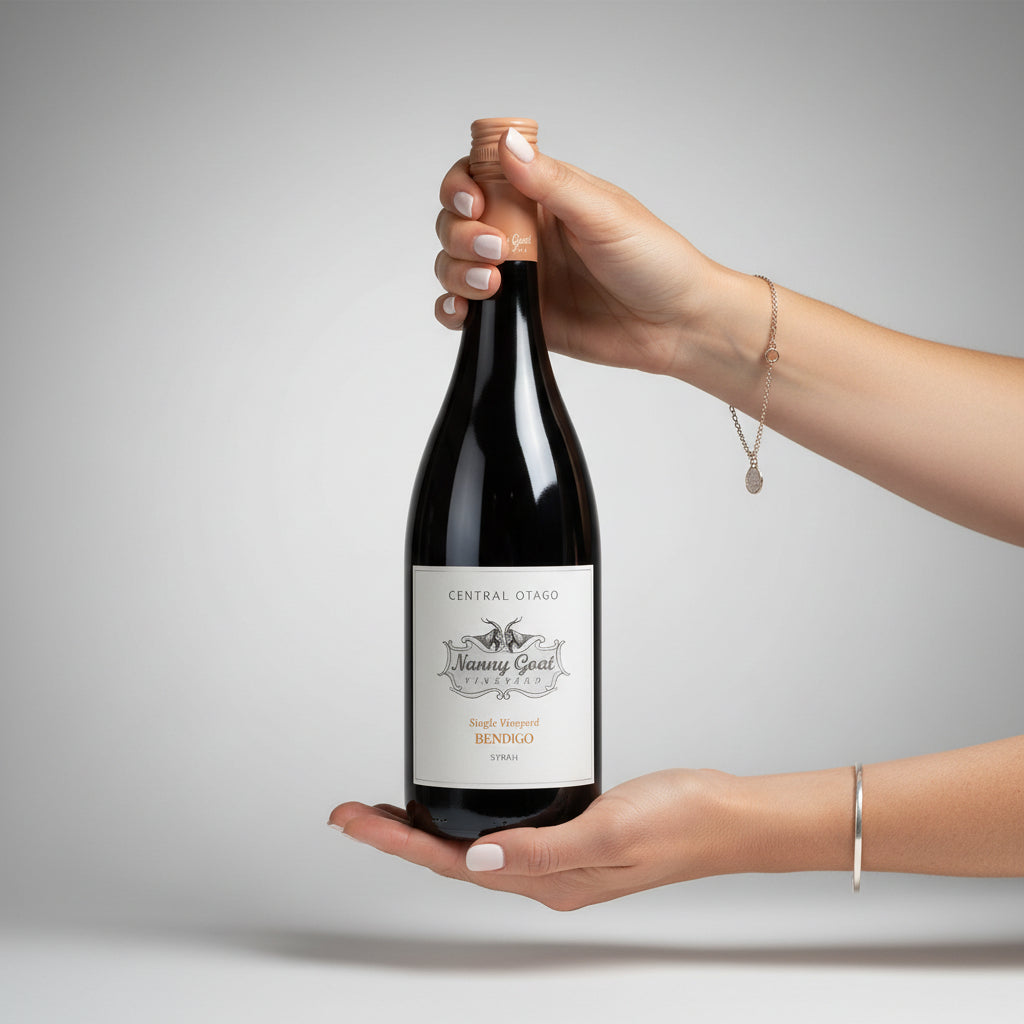 Load image into Gallery viewer, Hand holding a bottle of Nanny Goat Bendigo Syrah red wine with a visible label against a gray background