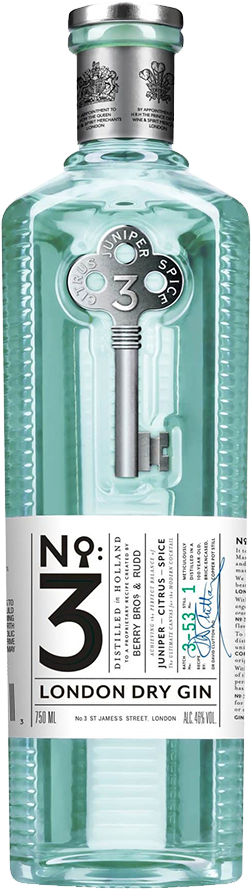 A clear glass bottle of No.3 London Dry Gin with a label displaying the brand and product name, set against a white background.