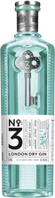 Load image into Gallery viewer, A clear glass bottle of No.3 London Dry Gin with a label displaying the brand and product name, set against a white background.