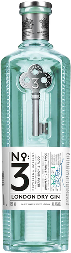 A clear glass bottle of No.3 London Dry Gin with a label displaying the brand and product name, set against a white background.