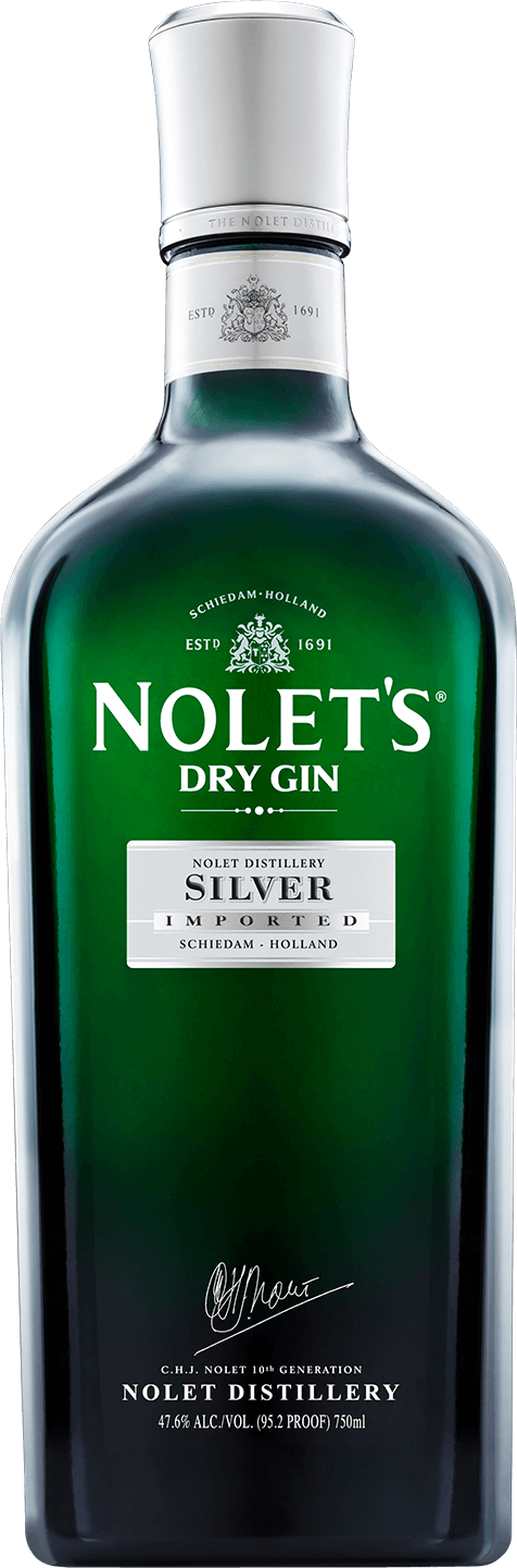 A bottle of Nolet's Silver Dry Gin with a green label, prominently displaying the brand name and type of gin.