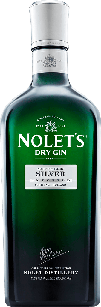 A bottle of Nolet's Silver Dry Gin with a green label, prominently displaying the brand name and type of gin.