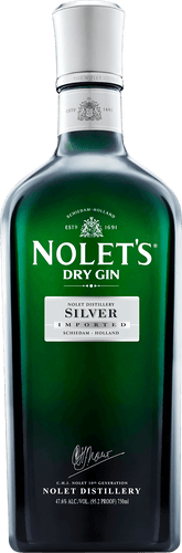 A bottle of Nolet's Silver Dry Gin with a green label, prominently displaying the brand name and type of gin.