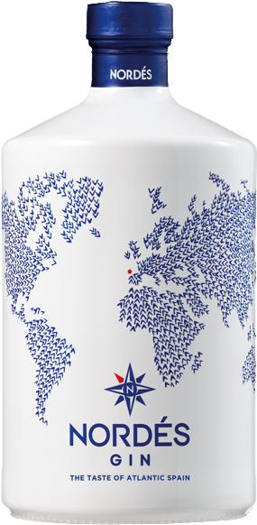 Load image into Gallery viewer, A white bottle of Nordés Gin with a blue cap and a blue world map design on the label, featuring the text 'NORDÉS GIN' and 'THE TASTE OF ATLANTIC SPAIN'.