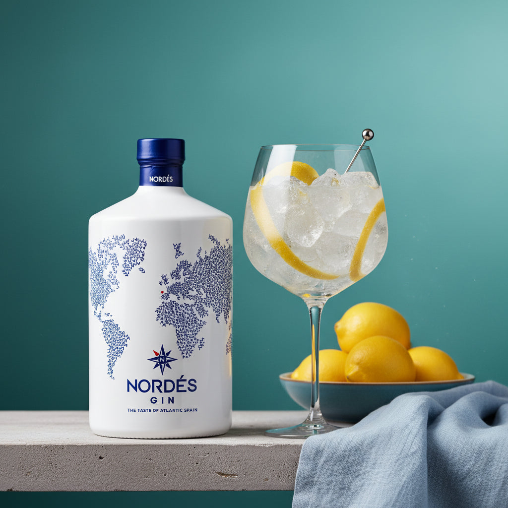 Load image into Gallery viewer, A bottle of Nordés Gin stands on a tabletop beside a large wine glass filled with ice and lemon slices, with a bowl of lemons and a blue cloth against a teal background.