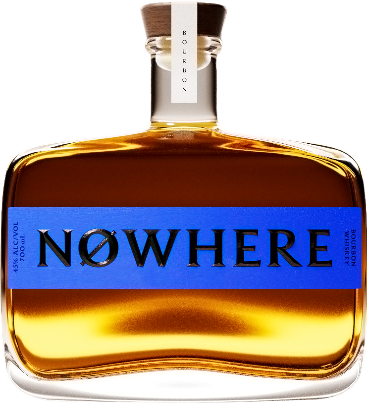 Load image into Gallery viewer, Bottle of 'Nowhere' bourbon with a blue label on a white background