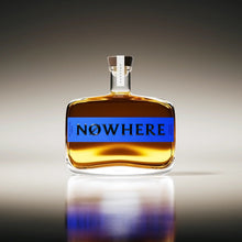 Load image into Gallery viewer, Bottle of 'NOWHERE BOURBON' on a reflective surface with a gradient background
