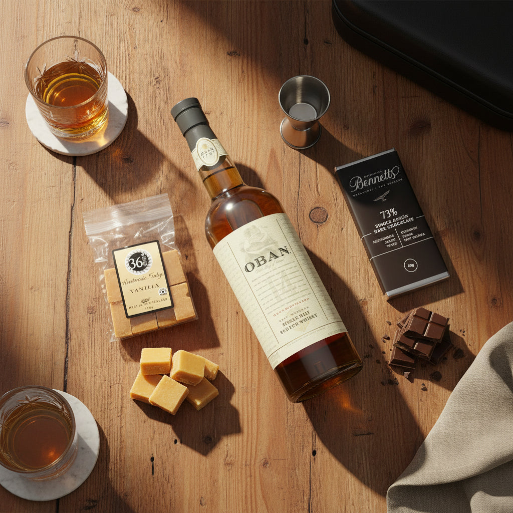 Load image into Gallery viewer, OBAN 14 year old whisky bottle with glasses, chocolate, and snacks on a wooden surface
