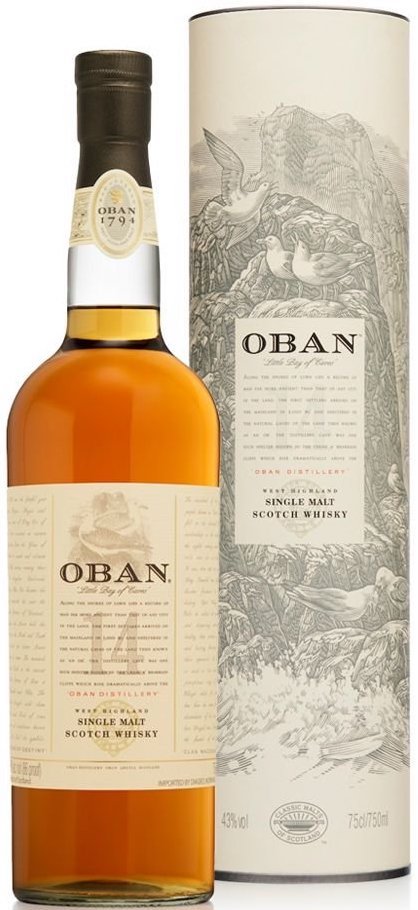An image of a bottle of OBAN 14YO Single Malt Scotch Whisky with it's gift box (tube) next to it