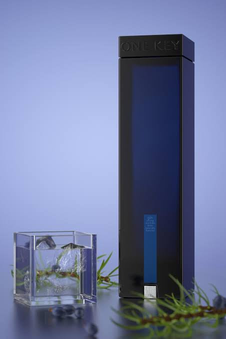 An image of a bottle of One Key Gin next to a stunning cocktail glass.