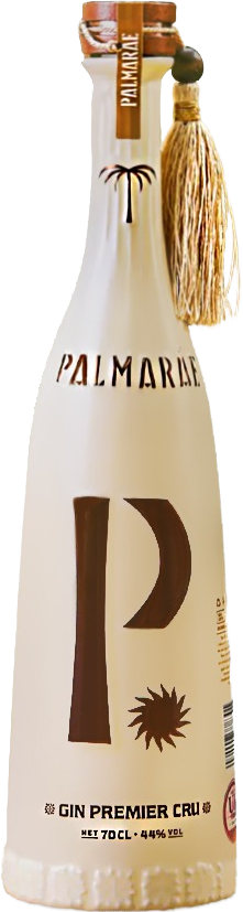 A bottle of Palmaráe Gin Premier Cru, a cream coloured ceramic bottle, a large brown letter 'P' on the front, and a decorative gold tassel hanging from the neck.