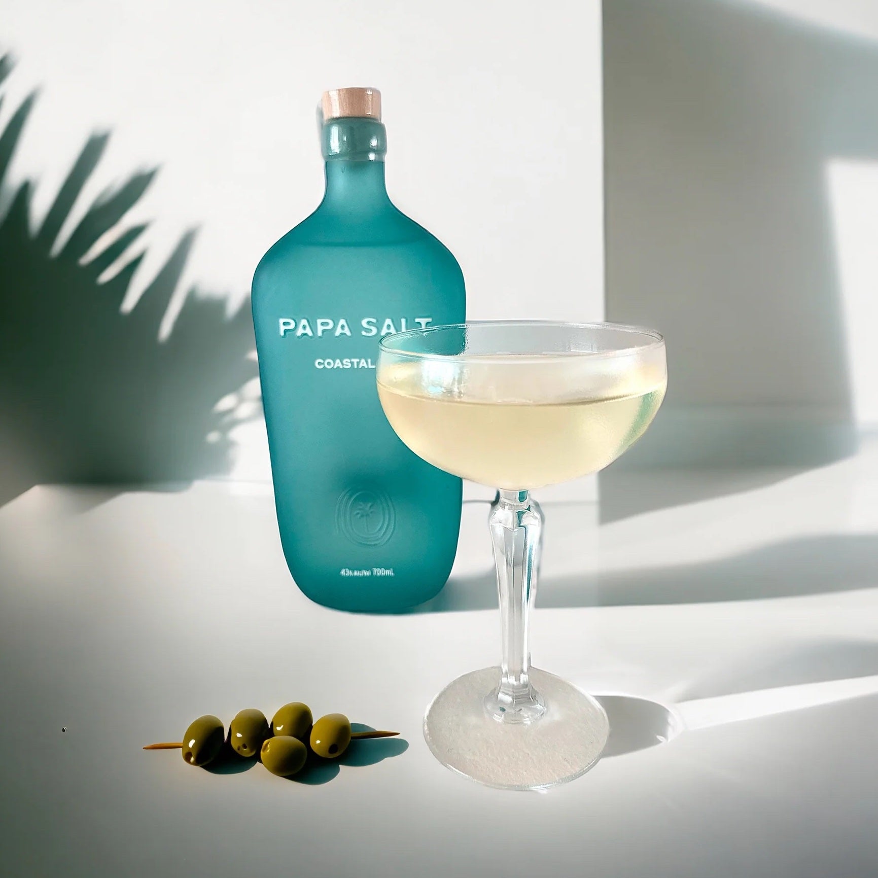 Load image into Gallery viewer, A bottle of Papa Salt Coastal Gin next to a delicious looking martini cocktail with olive garnish