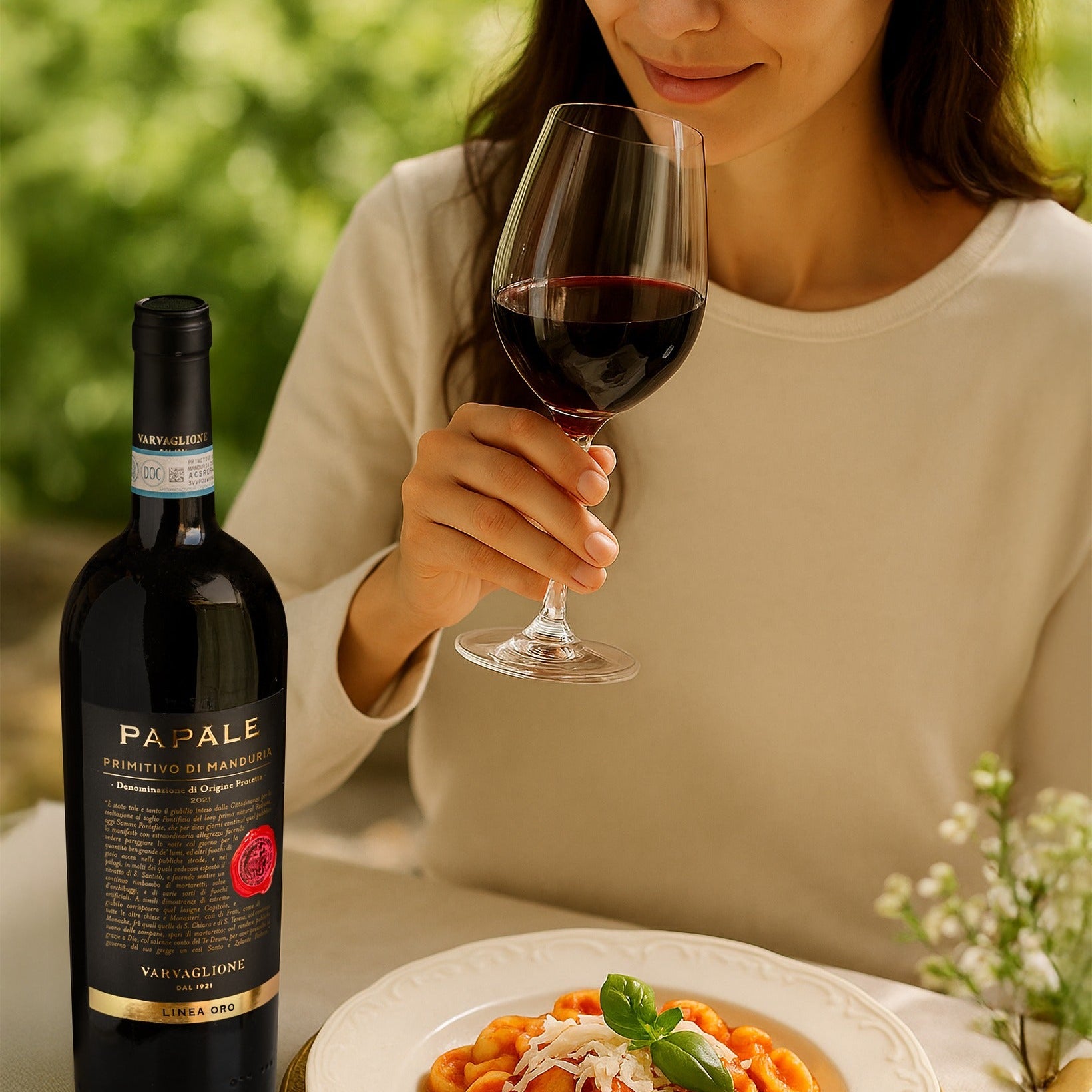 Load image into Gallery viewer, A woman holding a glass of red wine with a plate of pasta and a bottle of Papale Oro Varvaglione Primitivo di Manduria red wine.