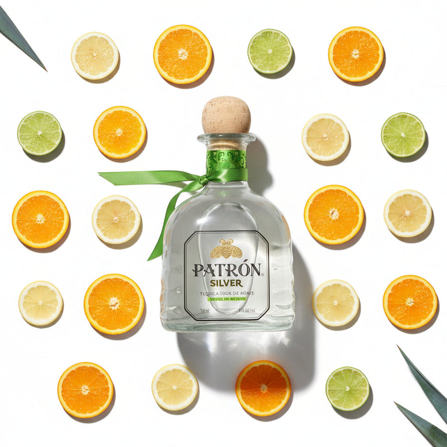 Load image into Gallery viewer, Patrón Silver tequila bottle surrounded by citrus fruits on a white background