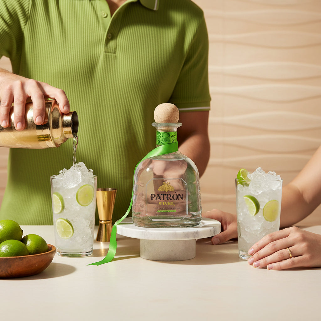 Load image into Gallery viewer, Person pouring a drink from a shaker into a glass with ice and lime, with a bottle of Patron Silver tequila in the center.