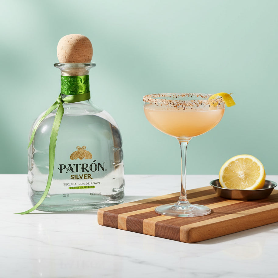 Load image into Gallery viewer, Patrón Silver tequila bottle with a cocktail on a wooden tray against a light green background