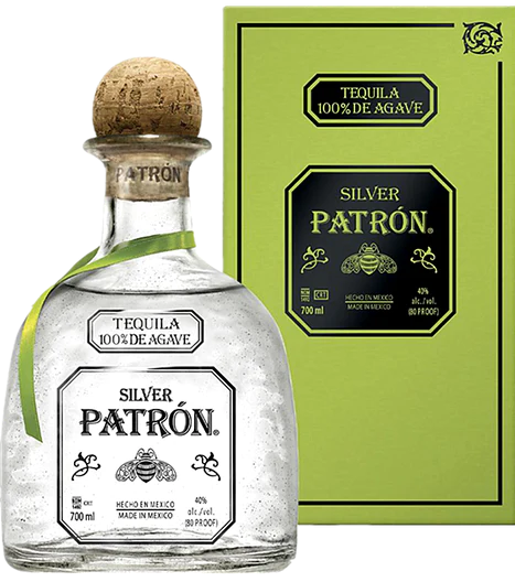 An image of a bottle of Patrón Silver Tequila 700ml next to its gift box
