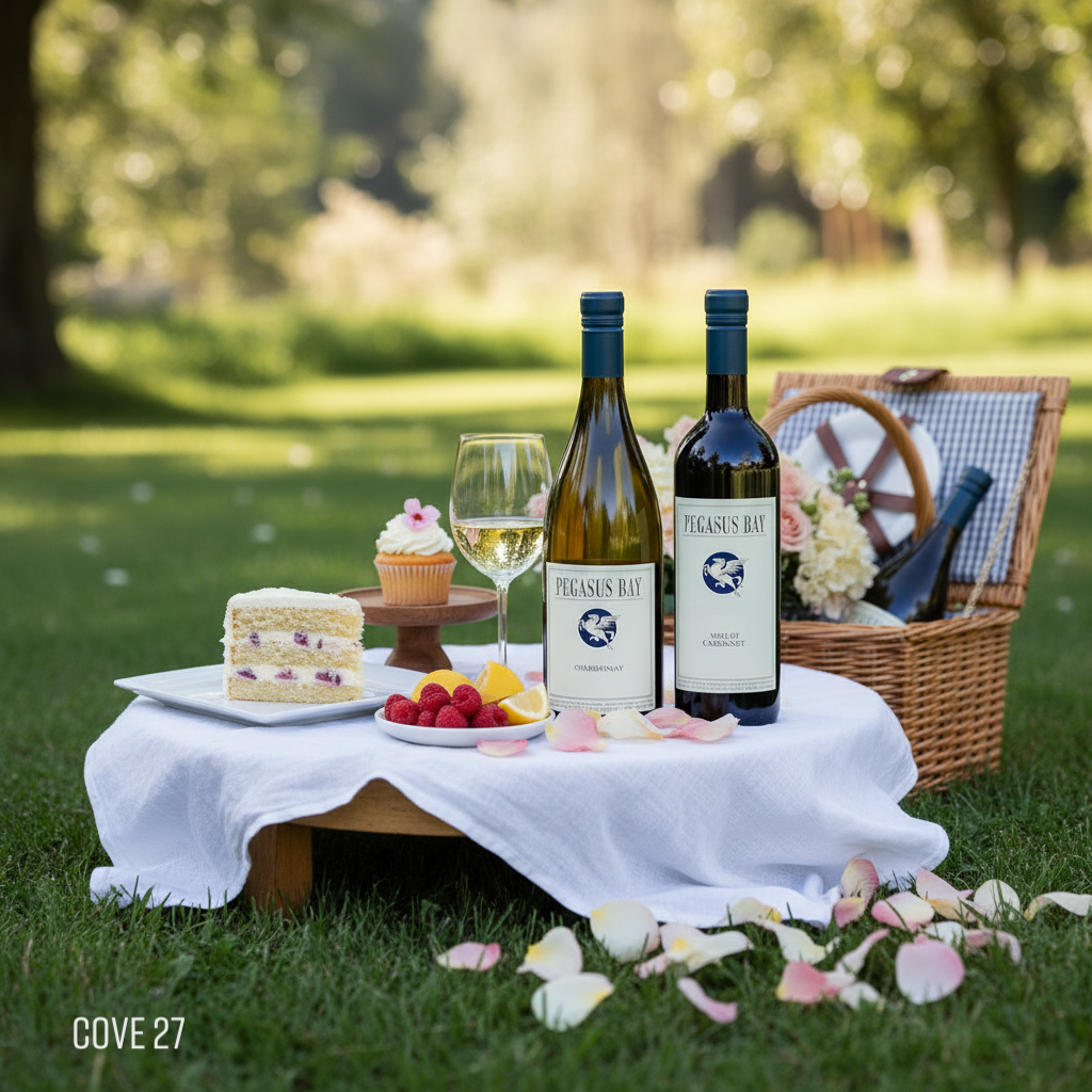 Load image into Gallery viewer, Picnic setting with a bottle of Pegasus Bay Chardonnay and a bottle of Pegasus Bay Merlot Cabernet blend, cake, and fruit on a blanket in a park.