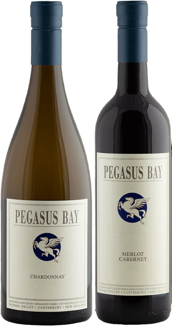 Two bottles of Pegasus Bay wine, one white and one red, on a light background.