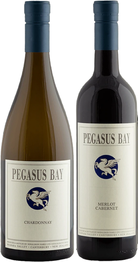 Two bottles of Pegasus Bay wine, one white and one red, on a light background.