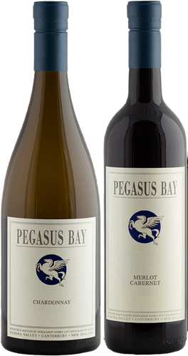Two bottles of Pegasus Bay wine, one white and one red, on a light background.