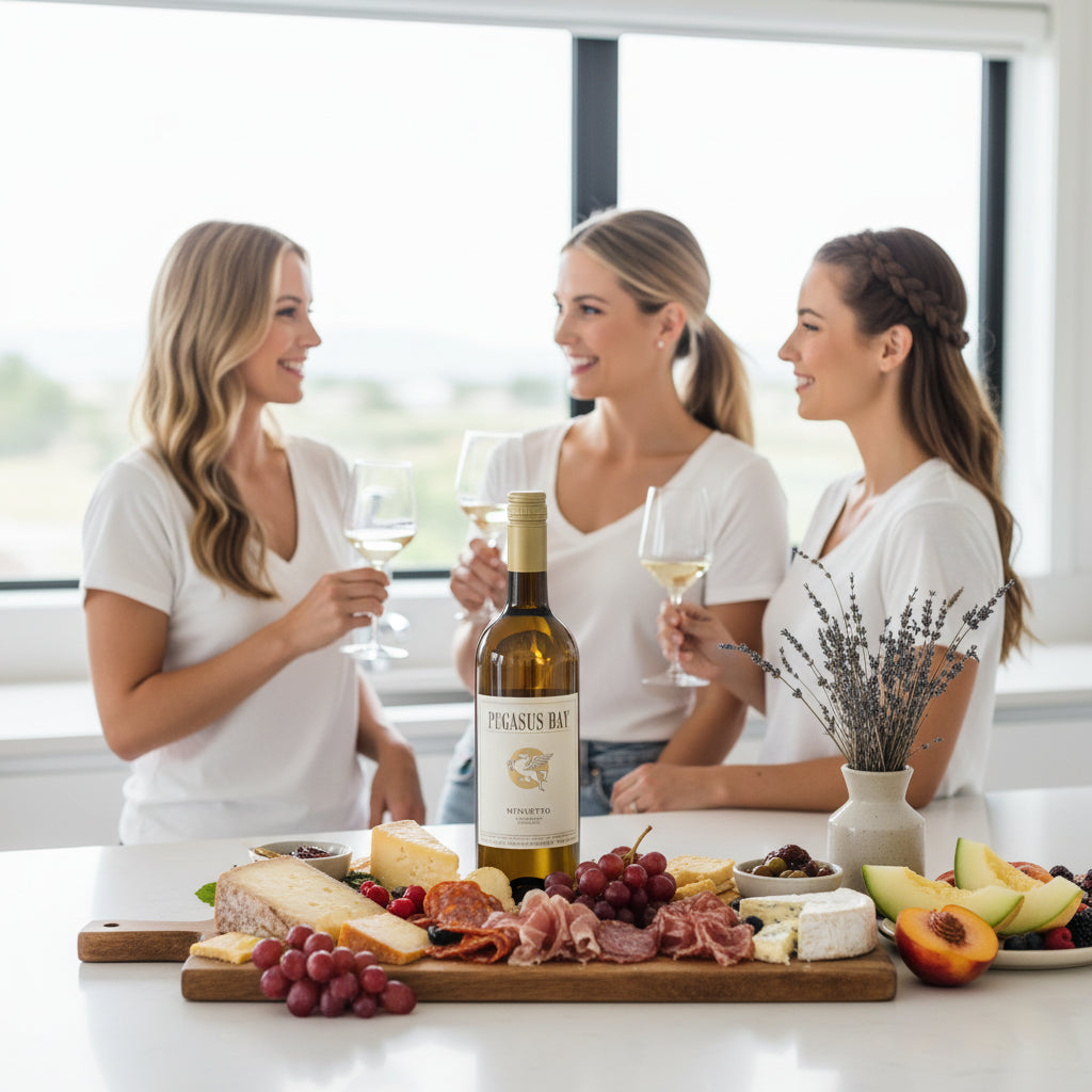 Load image into Gallery viewer, Three women enjoying a bottle of Pegasus Bay Minuetto Sauvignon Semillon wine and appetizers in a bright kitchen setting.